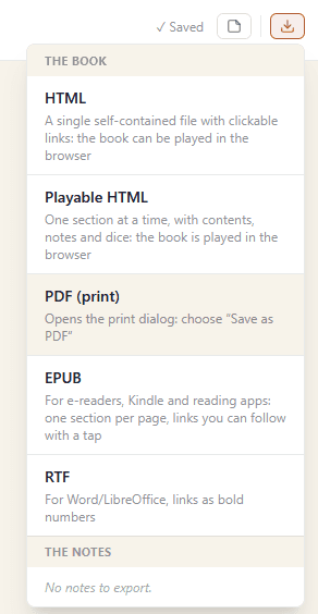 Il menu di esportazione: HTML, HTML giocabile, PDF, EPUB e RTF.