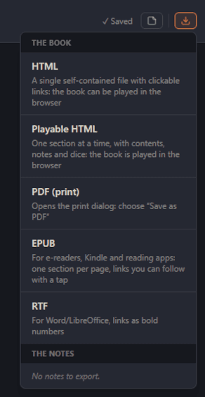 Il menu di esportazione: HTML, HTML giocabile, PDF, EPUB e RTF.